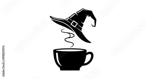 Black vector icon of a witch's hat floating above a steaming cup of coffee, isolated on transparent background