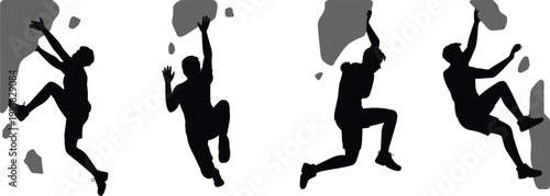 Silhouette set of bouldering climbers on rock wall, indoor and outdoor climbing athletes in different poses, isolated black figures for extreme sport concept.