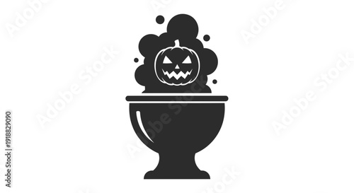 Black cauldron with smoking jack-o-lantern head vector icon.