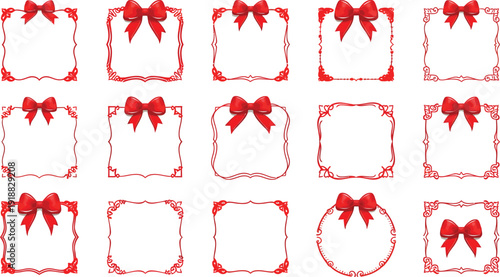 Collection of decorative red ribbon frames featuring various ornate square and circular border designs suitable for invitations announcements or holiday greetings