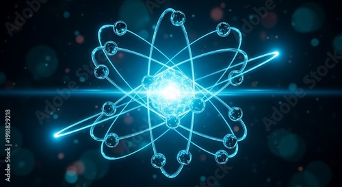 Stylized atomic structure with luminous core and multiple orbiting particles, digital representation of matter
