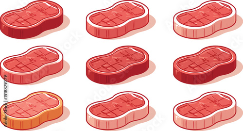 A collection of nine distinct isometric raw beef steak illustrations showcasing various fat cap coloration and meat shades arranged in a three by three grid pattern