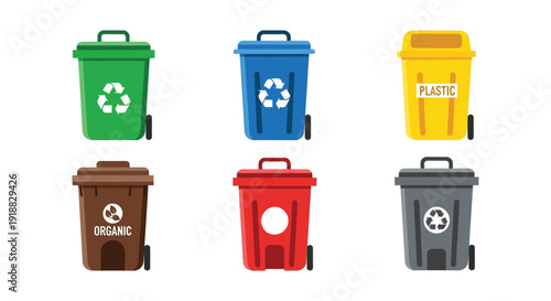 Collection of six colorful wheelie bins representing various waste management categories for effective recycling and disposal systems