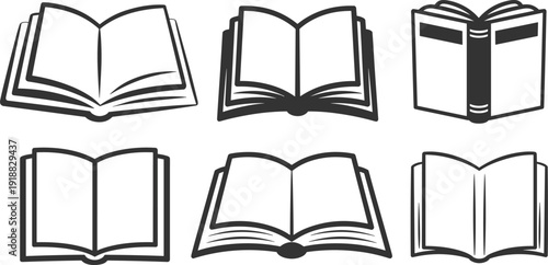 Set of open book silhouettes, linear textbook icons isolated on white background for library educational design