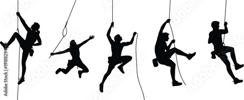 Silhouette set of rock climbers rappelling on rope, extreme sport adventure figures in different poses, isolated black climber icons for outdoor climbing, mountaineering and rescue concept.