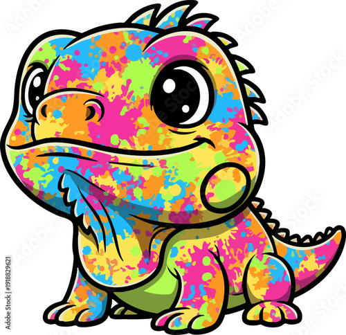 Cute Cartoon Iguana with Colorful Splatter Paint Pattern
