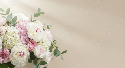 Pastel colored floral arrangement with peonies, roses and hydrangeas