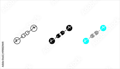 Minimal line icon set. of electrical circuit with connectors and signal waves. Suitable for electronics, connectivity, and engineering themes.