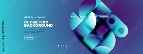 Abstract geometric background design. Blue, purple gradients create modern visual appeal. Website mockup includes navigation elements, text areas.