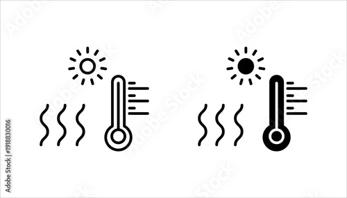 Outline icon set. featuring sun, heat waves, and thermometer. Perfect for temperature, weather, climate change, and heating system visuals.