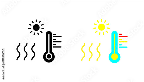 Outline icon set. featuring sun, heat waves, and thermometer. Perfect for temperature, weather, climate change, and heating system visuals.