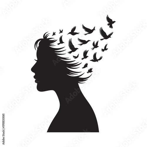 A silhouette of a woman s head with birds flying from her hair