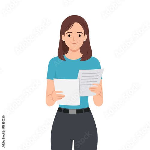 Front view illustration of a young woman holding and reading documents. Flat vector illustration isolated on white background