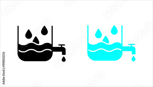 Minimal line icon set. of a water tank with liquid level and tap dripping water. Suitable for water supply, plumbing, storage systems, and environmental concepts.