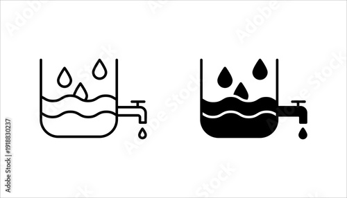 Minimal line icon set. of a water tank with liquid level and tap dripping water. Suitable for water supply, plumbing, storage systems, and environmental concepts.