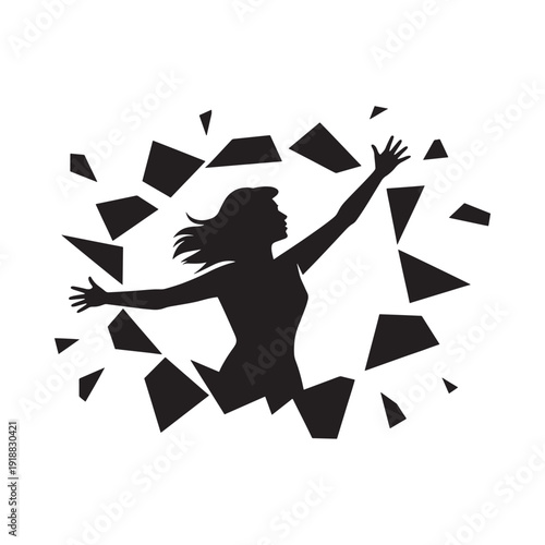 A woman silhouetted with arms raised surrounded by shattering geometric fragments