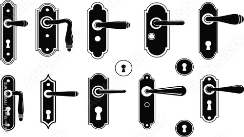 Set of vintage door handle silhouettes, classic metal doorknob hardware isolated on white background for design