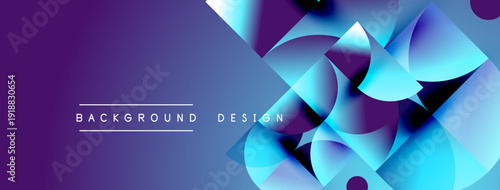 Abstract geometric shapes overlap, creating vibrant blue, purple gradients. Modern design suggests technology, innovation, fluidity.
