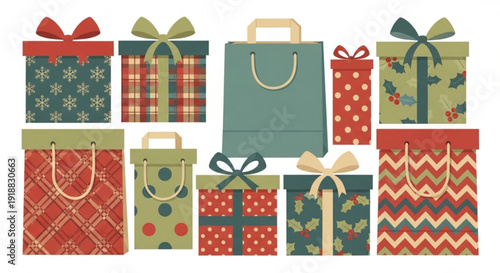 Colorful wrapped gifts and shopping bags for christmas holiday shopping presents with ribbons and bows on white background
