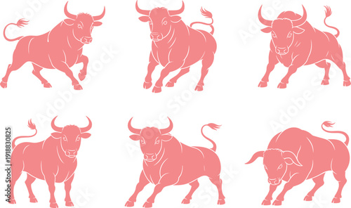 Six Pink Bulls Poses Silhouette
