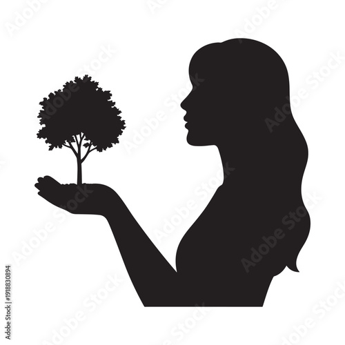 A woman s silhouette gently holds a small tree in the palm of her hand