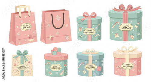 Colorful gift boxes and bags with ribbons and bows on white background for birthday or holiday presents