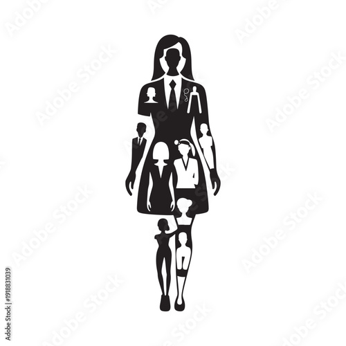 A black silhouette of a woman containing smaller figures representing humanity