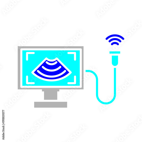 Outline icon of ultrasound monitor with probe. Perfect for healthcare, diagnostics, pregnancy scan, and medical technology topics.