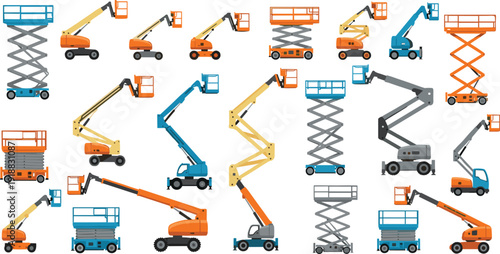 Vector illustration set of various hydraulic scissor lifts and aerial work platforms for construction and industrial maintenance concepts।