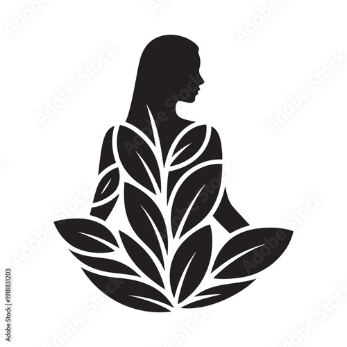 A silhouette of a woman in a lotus position composed of leaves