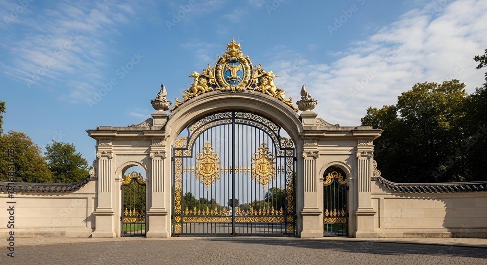 Obraz premium Grand Golden Gates of a Historic Palace Entrance with Ornate Details