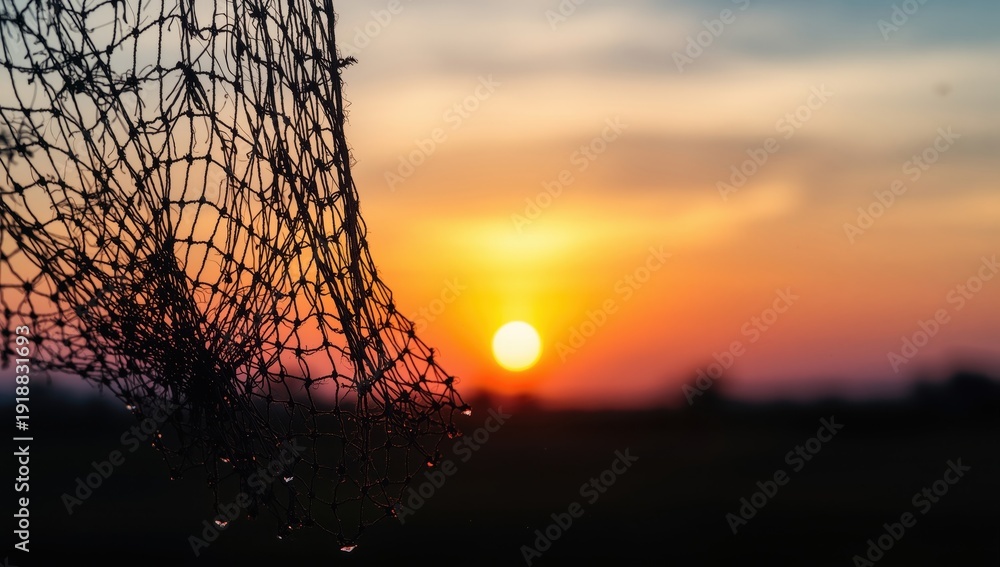 Naklejka premium Silhouette of fishing net against a sunrise