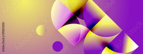 Abstract composition features overlapping circles, vibrant gradients. Yellows, purples blend creating dynamic visual effect. Modern design.