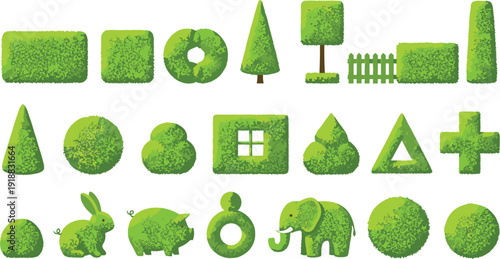 Vector illustration set of decorative topiary shrubs and green hedges in various geometric shapes and animal forms।