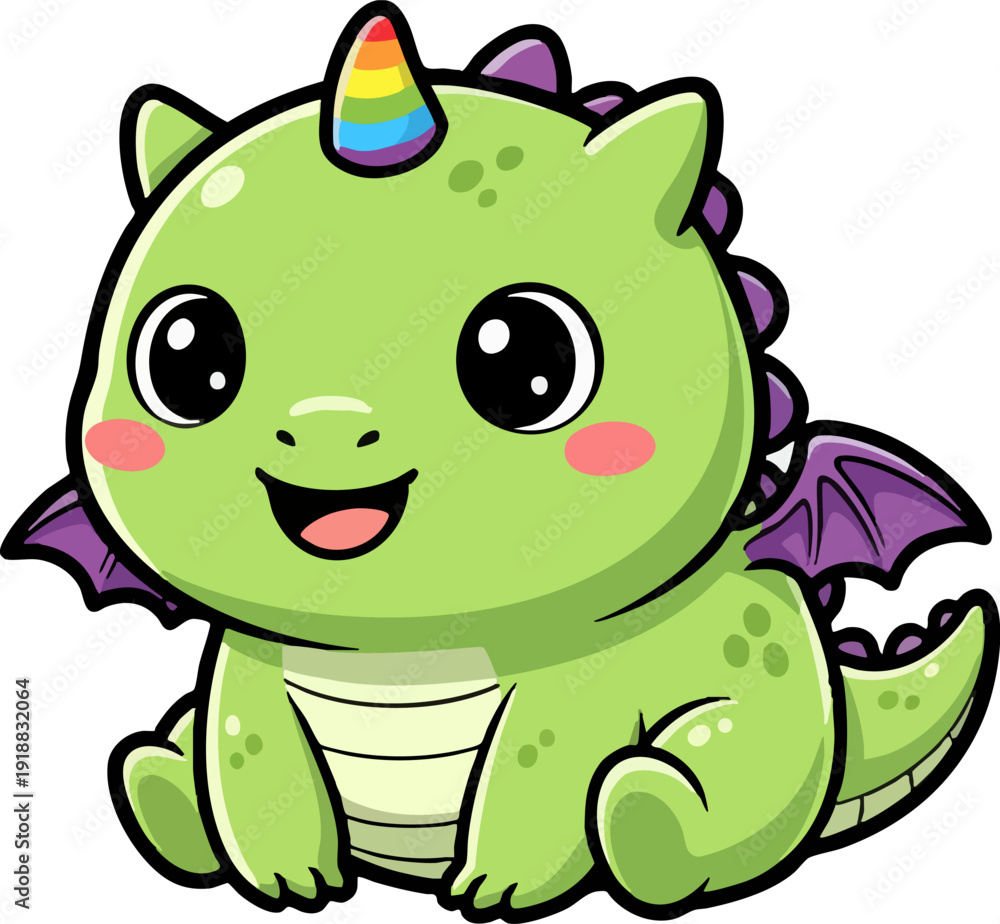 Fototapeta premium Cute Baby Dragon Cartoon with Rainbow Horn Illustration