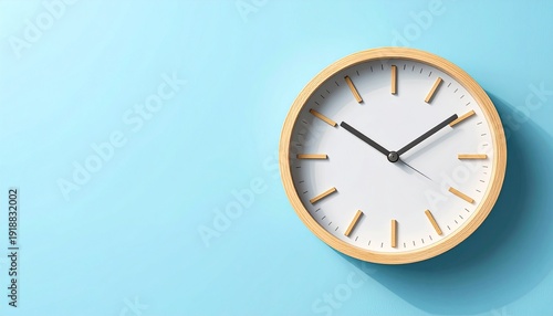 Wallpaper Mural Minimalist round wooden wall clock with a white face and black hands on a light blue background, casting a subtle shadow. Torontodigital.ca
