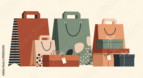 Colorful shopping bags and gift boxes arranged in a creative display on a beige background for retail or shopping concepts