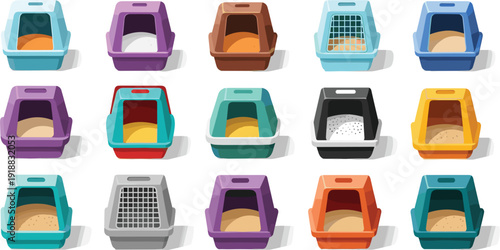 Vector illustration set of modern hooded cat litter boxes in various bright colors for pet care and hygiene concepts।