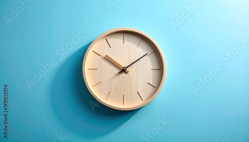 Wallpaper Mural Minimalist wooden wall clock with black hands on a vibrant blue background, casting a subtle shadow. Torontodigital.ca