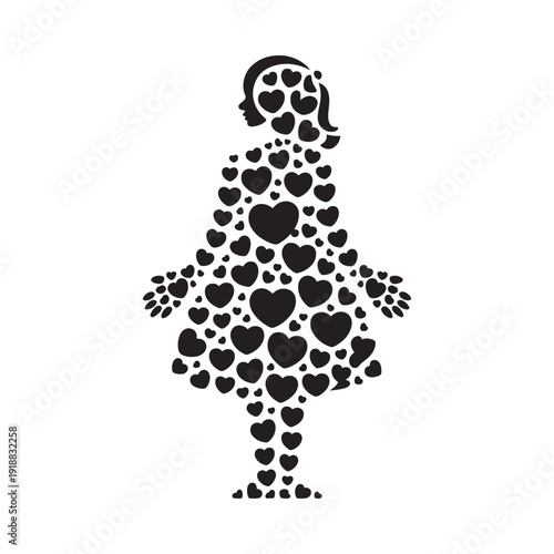 Silhouette of a pregnant woman filled with numerous heart shapes in black