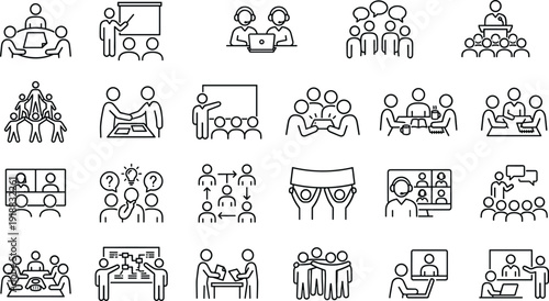 Business teamwork icons set, meeting presentation line art, corporate collaboration symbols, modern outline vector collection isolated white background