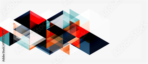 Abstract geometric shapes overlap, creating dynamic composition. Red, black, blue hues dominate neutral background. Modern design element.