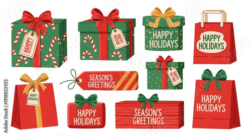 Colorful christmas gifts and shopping bags with holiday greetings on white background