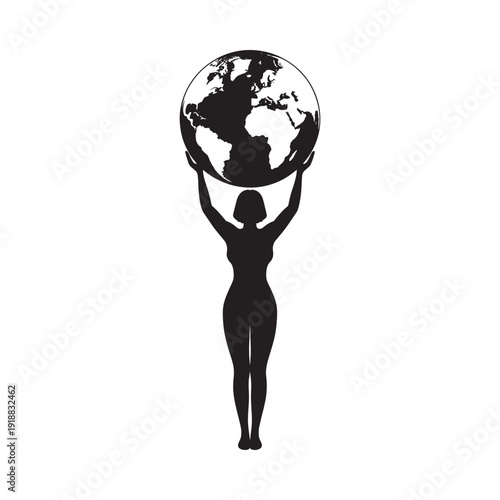 A silhouetted woman powerfully supports the world on her shoulders