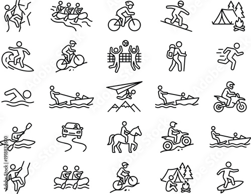 Adventure sports icons set, outdoor activity line art, camping travel symbols, modern outline vector collection isolated white background