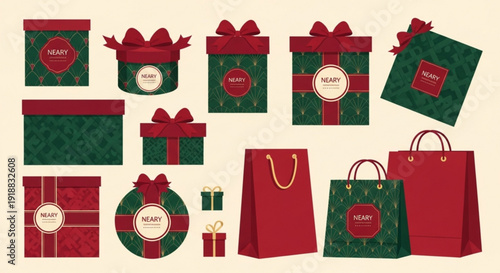Collection of wrapped christmas gifts and shopping bags in red and green on beige background