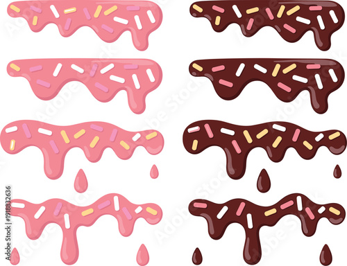 Sweet doughnut strawberry and chocolate melting glaze drip with sprinkles, vector illustration set on white