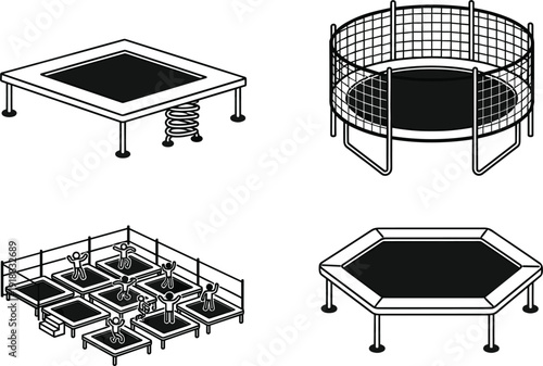 Vector line icon set of various trampolines including round with safety net hexagonal and square jumping equipment।
