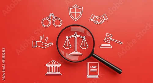 A magnifying glass highlights scales of justice amidst various legal icons, symbolizing in-depth examination of law and order.