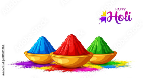 Vibrant Holi celebration with colorful powders in bowls, symbolizing joy and festivity in a lively illustration
